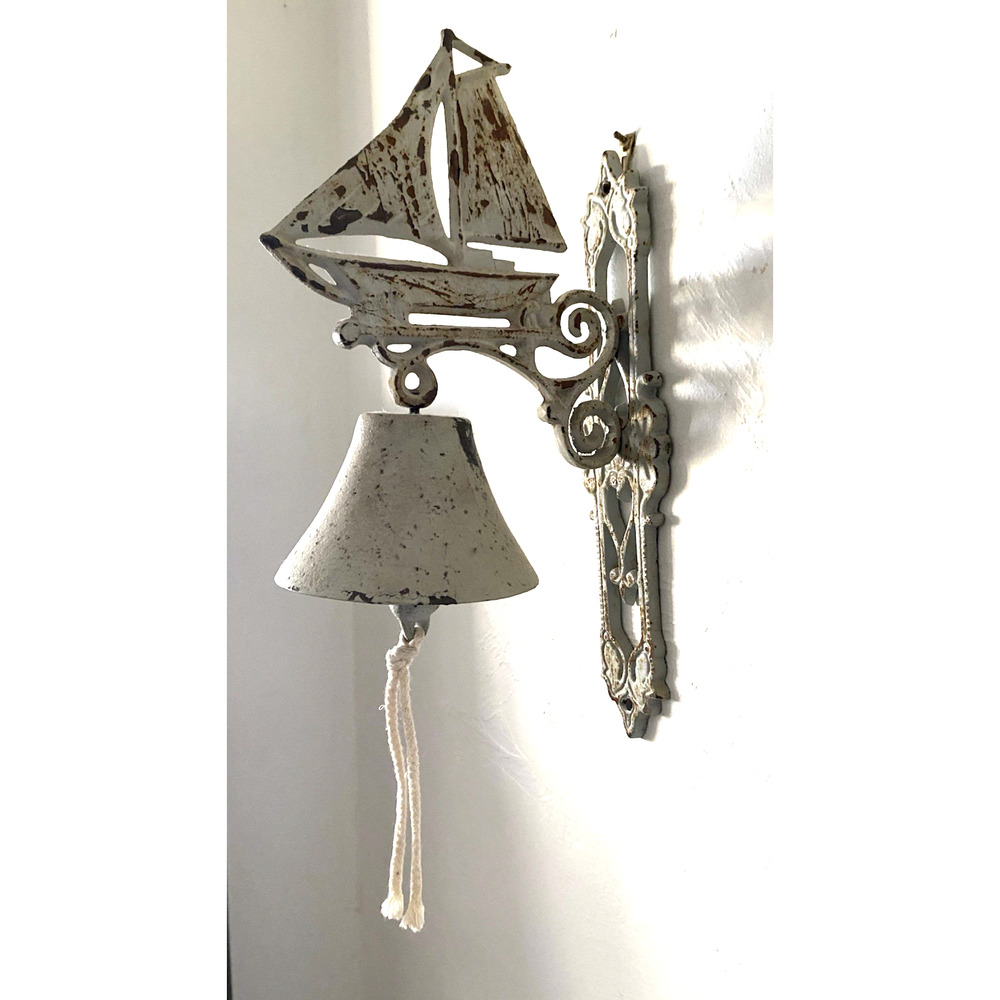 Vintage Sailboat Distressed Gray Cast Iron Wall Mount Nautical Dinner Bell